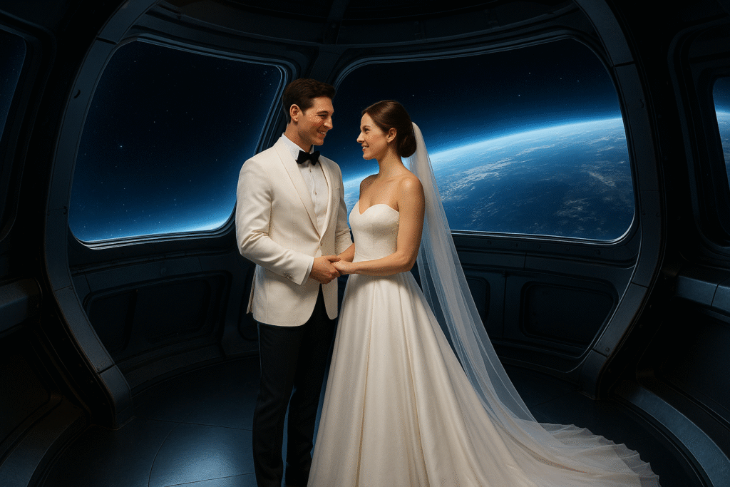 宇宙船の中で宇宙結婚式を行うカップル。窓の外には青く輝く地球が広がっている。