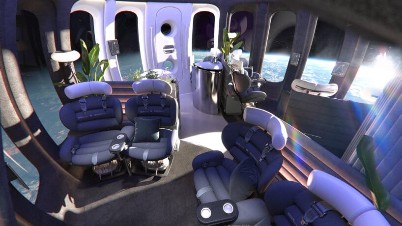 スペース・パースペクティブ社のSpaceship Neptuneの360度窓とリクライニングシートを備えたスペースラウンジ内観