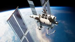 宇宙空間に浮かぶ Starlab 商業宇宙ステーション(サービスモジュールと居住モジュール)レンダリング画像