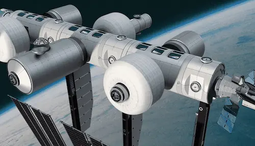Orbital Reef の大型インフレータブル LIFE ハビタットのバースト試験模型のデジタルレンダリング