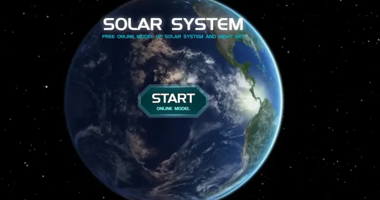 宇宙を旅する3Dシミュレーション「Solar System Scope」のスタート画面。地球を背景に、STARTボタンが中央に表示されている。