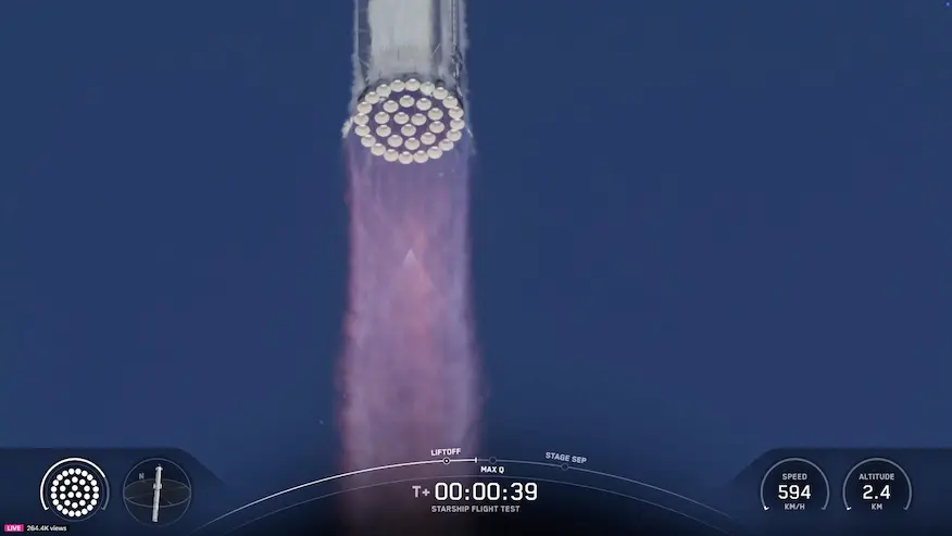 スターシップ第10回試験で使用されたブースター16のラプターエンジン群の噴射