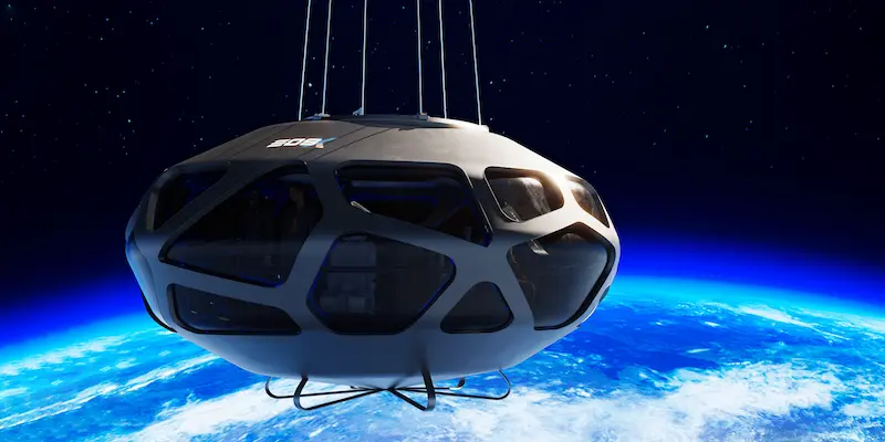 EOS-X SPACEの気球型宇宙カプセルが高度40km付近を航行するCGイメージ。青い地球を背景に幾何学的な窓付きボディが浮かぶ