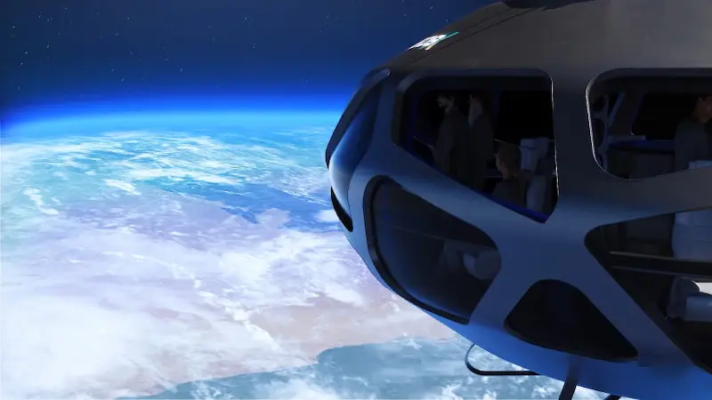 EOS-X SPACE社の気球型宇宙カプセルを横から見たCGイメージ。青い地球を背景に窓や外枠の構造が描かれている