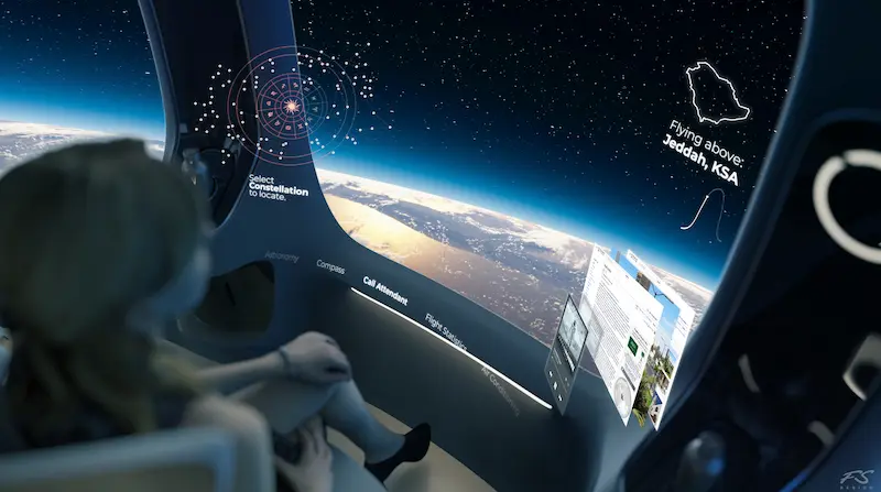 HALO Spaceの気球型宇宙カプセル内装CG。窓越しに星座や飛行位置を表示するインタラクティブディスプレイを閲覧する様子