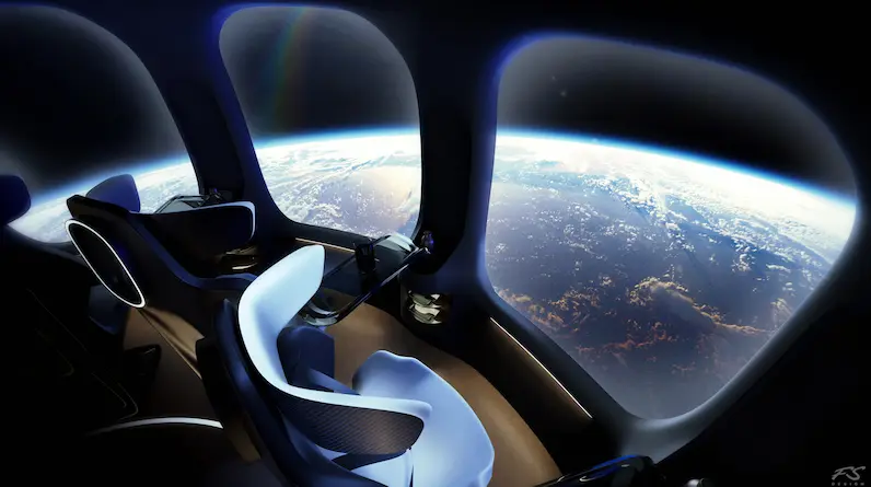 HALO Spaceの気球型宇宙カプセル内装CG。窓側シートから地球の曲面を眺める様子