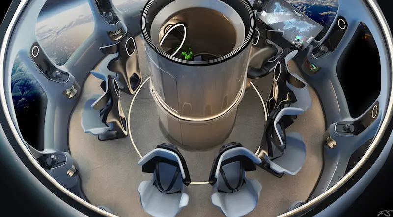 HALO Spaceの気球型宇宙カプセル内装CG。中央に円筒型トイレを配置し、8つの座席が円形に並ぶレイアウトの俯瞰図