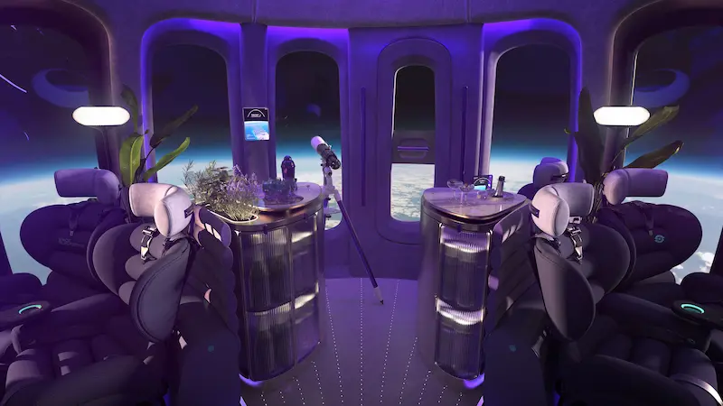 Space Perspective社の気球型宇宙船のスペースラウンジCG内装。植栽やテーブルが並ぶバーエリアの全体ビュー