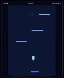 宇宙空間でロケットが足場に乗ってジャンプしながら上昇するミニゲームのプレイ画面