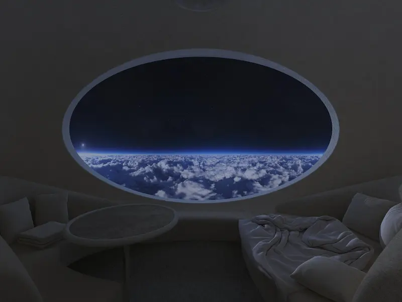 Zephaltoの高高度気球体験『Céleste』カプセル内装CG。楕円窓から星空と地球の丸みを眺める夜景