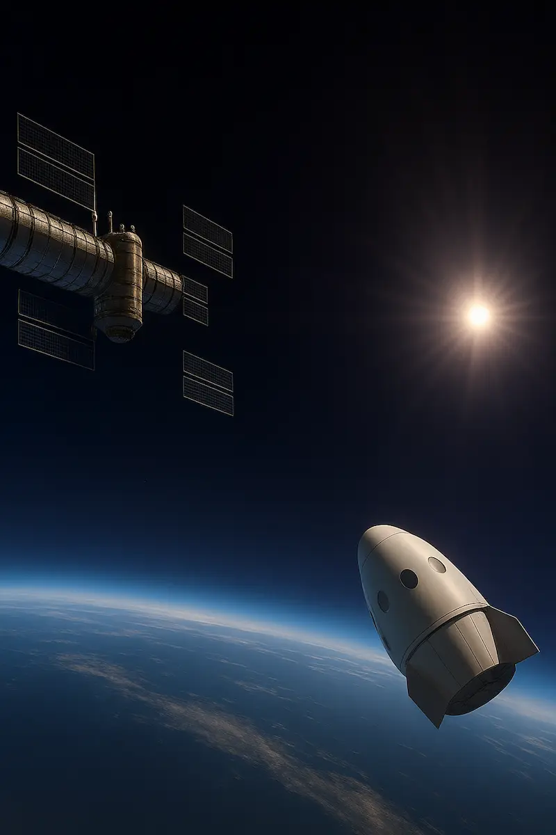 宇宙ホテルに接近するオービタル宇宙旅行のイメージ