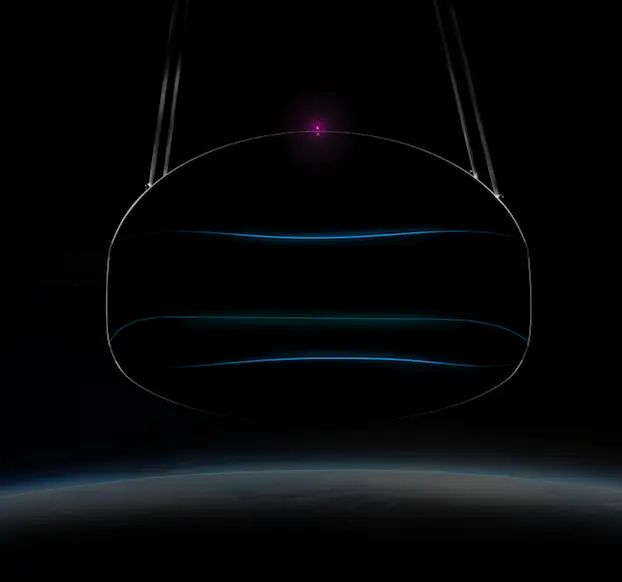 Space Auraの成層圏気球「SKAP1」のレンダリング画像。地球の地平線を背景に、気球から吊り下げられた円形カプセルの外観が描かれている。
