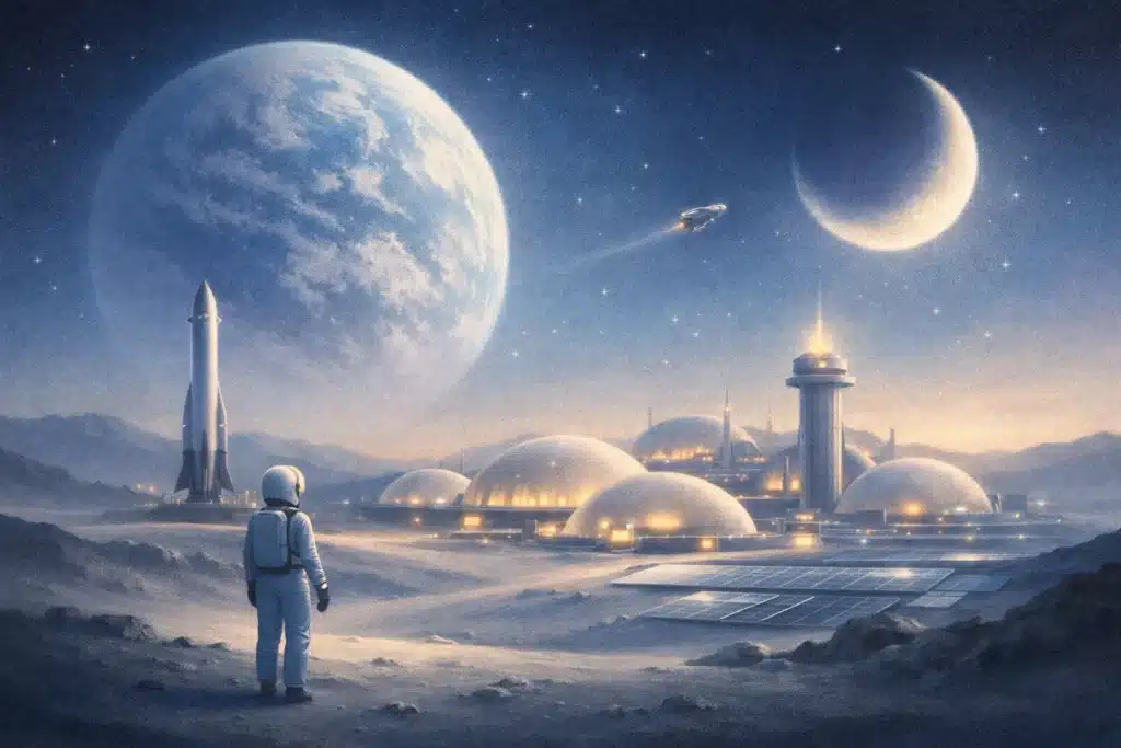 月面に建設された未来都市と宇宙飛行士、地球と三日月のような火星が浮かぶ夜空のイメージイラスト