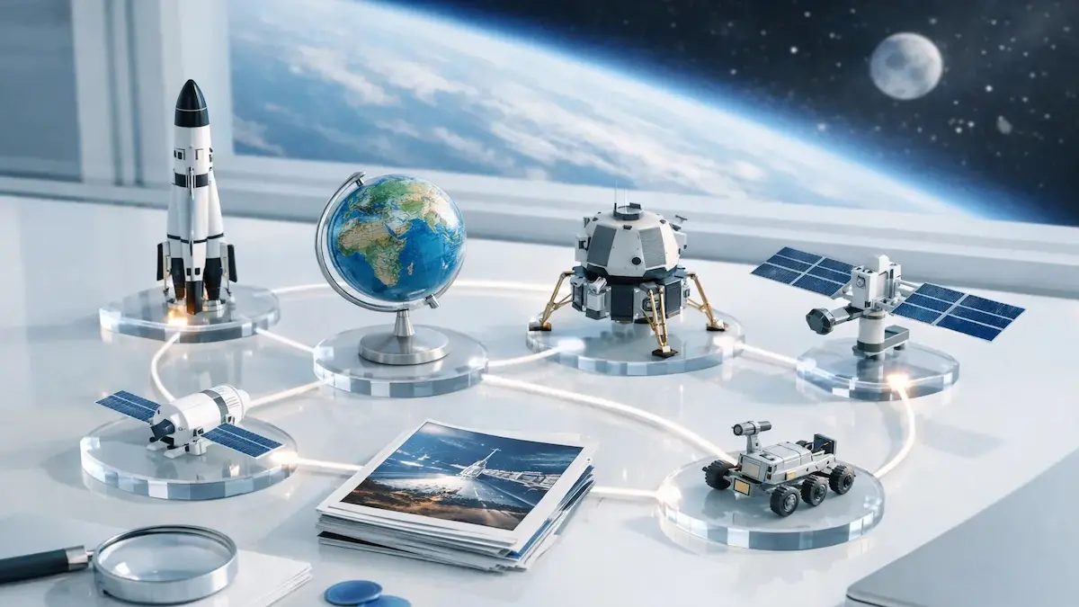 重力付き宇宙ホテルの客室から地球と月を眺める想像図