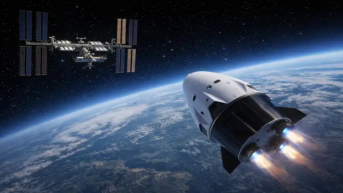 宇宙船が地球周回軌道で国際宇宙ステーション(ISS)へ接近するイメージ