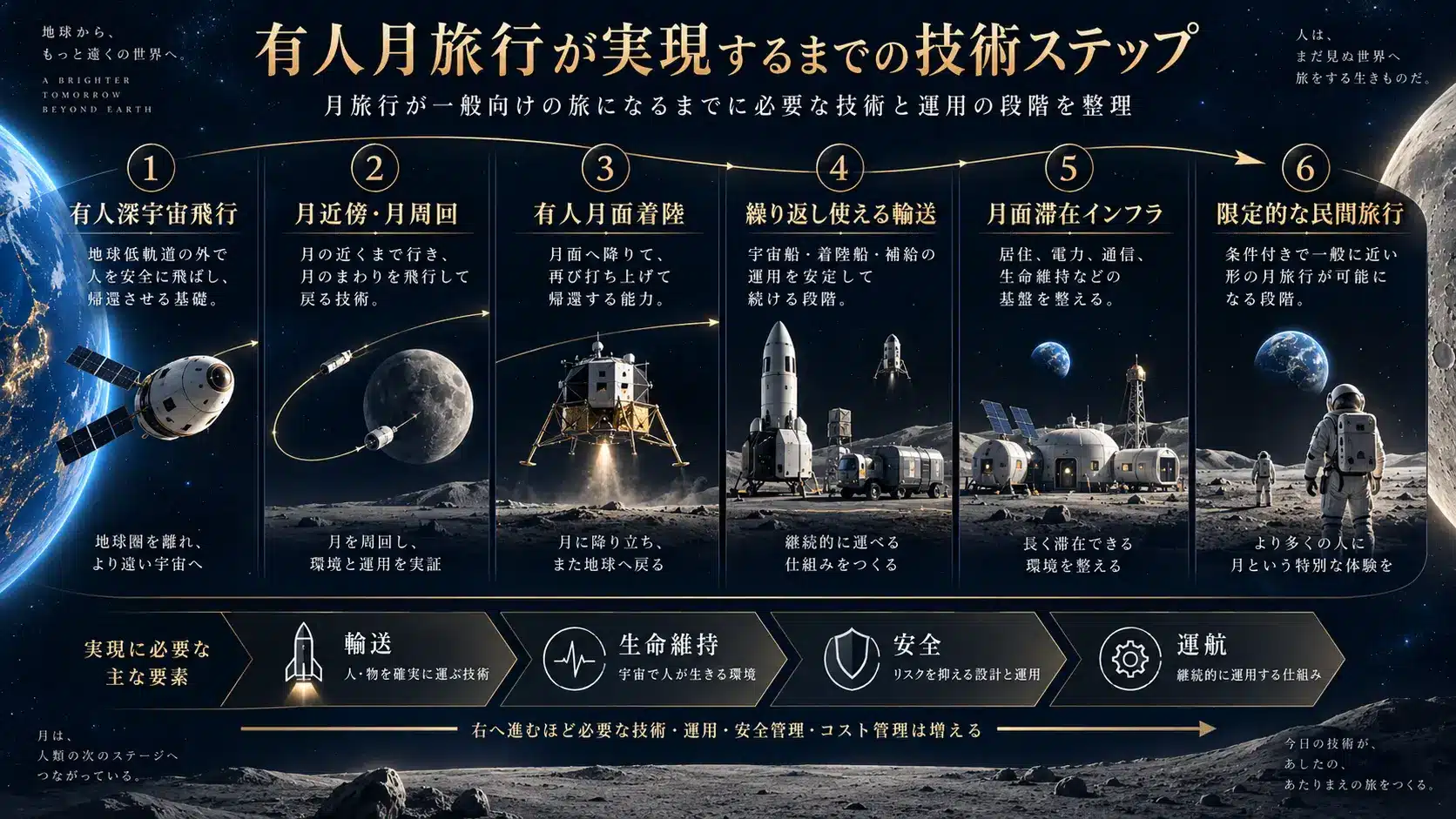 有人深宇宙飛行から月周回、月面着陸、再利用輸送、月面滞在インフラ、民間月旅行までの技術ロードマップ