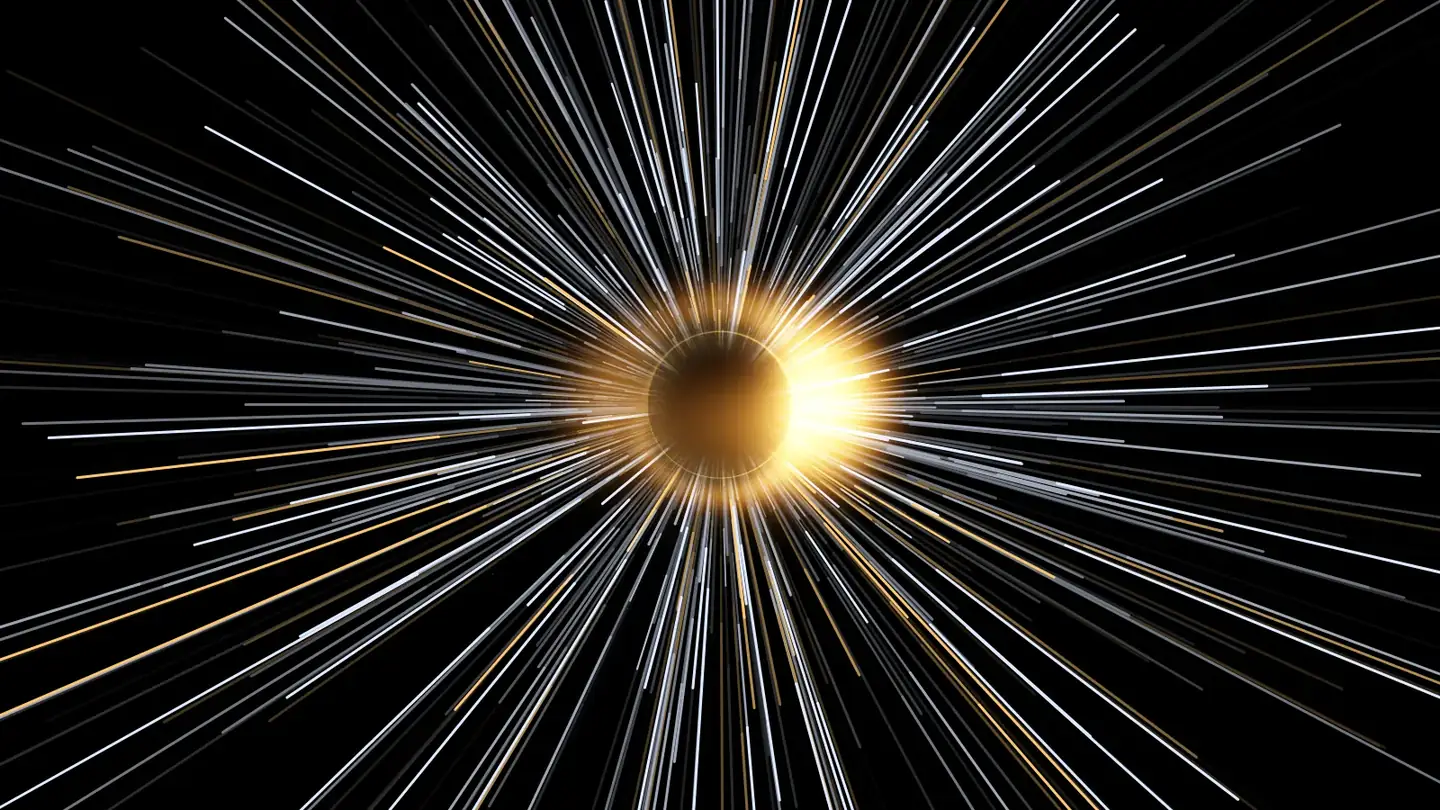 光の筋の中をワープして、ブラックホールへ近づいていく景色